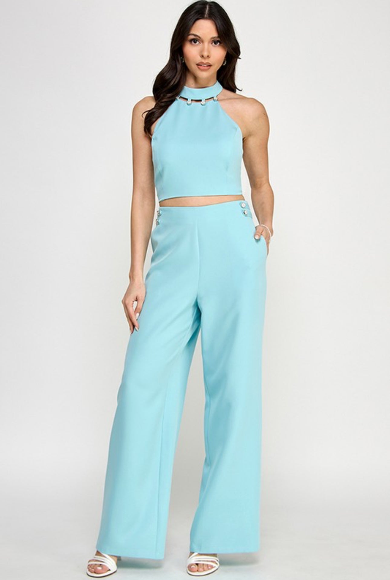 Button Detail Halter Top With Pants Set