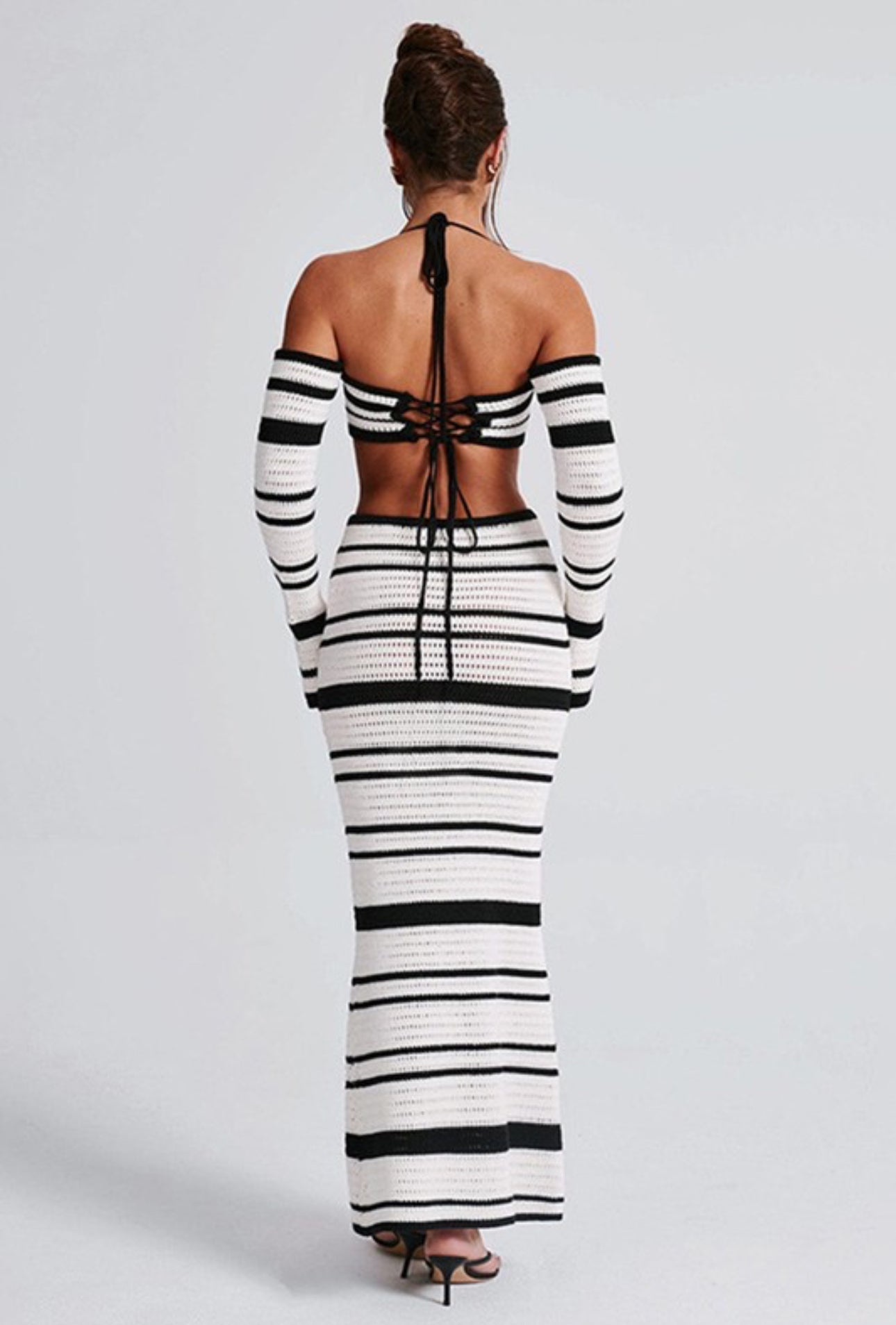 Striped Off-shoulder Crochet Two-piece Set