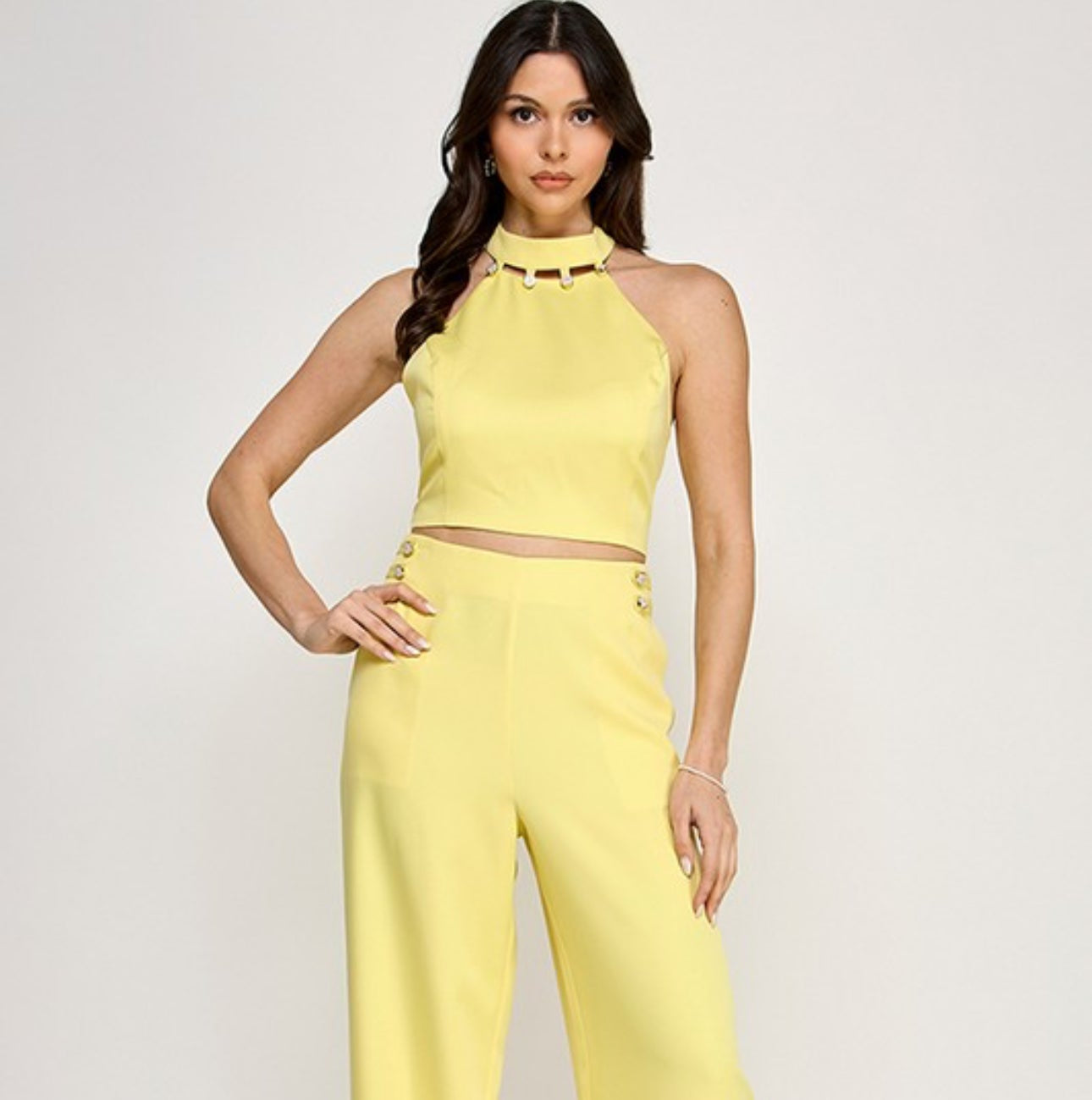 Button Detail Halter Top With Pants Set