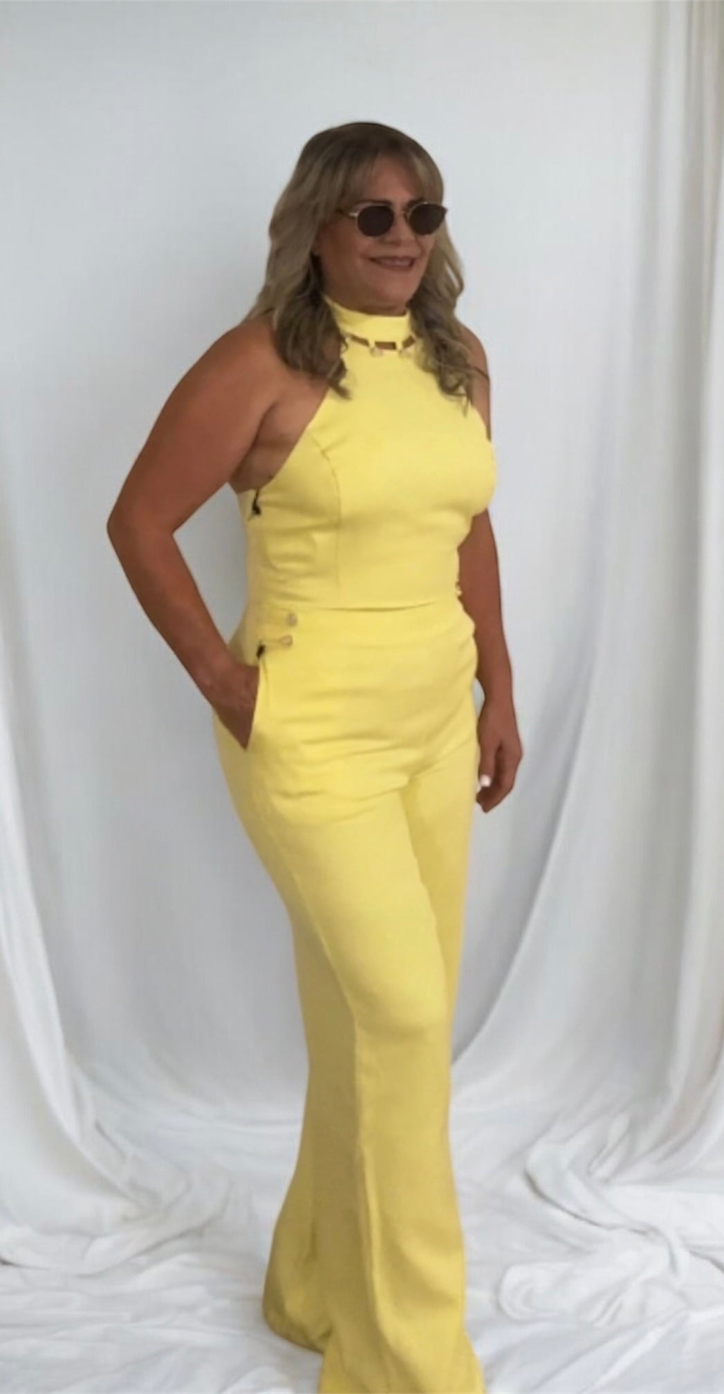 Button Detail Halter Top With Pants Set