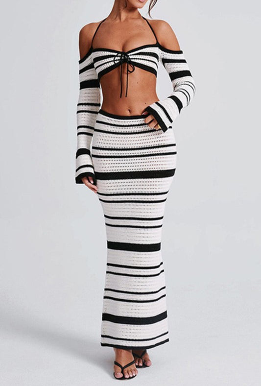 Striped Off-shoulder Crochet Two-piece Set