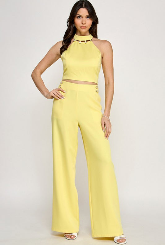 Button Detail Halter Top With Pants Set