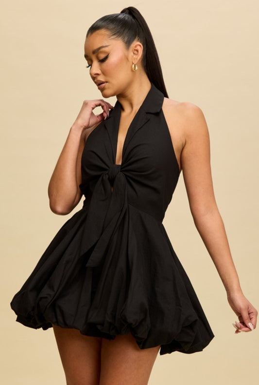 Linen Blend Tie Bubble Hem Dress