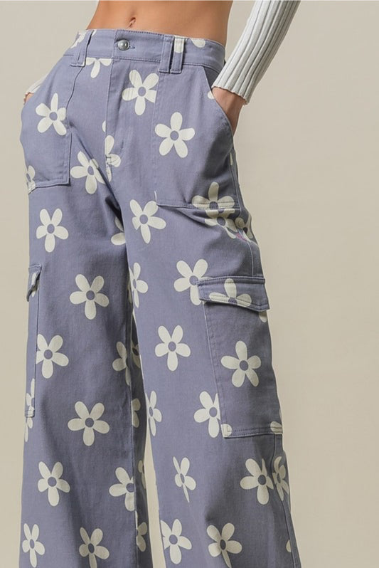 Flower Printed Side Pocket Wide Pants