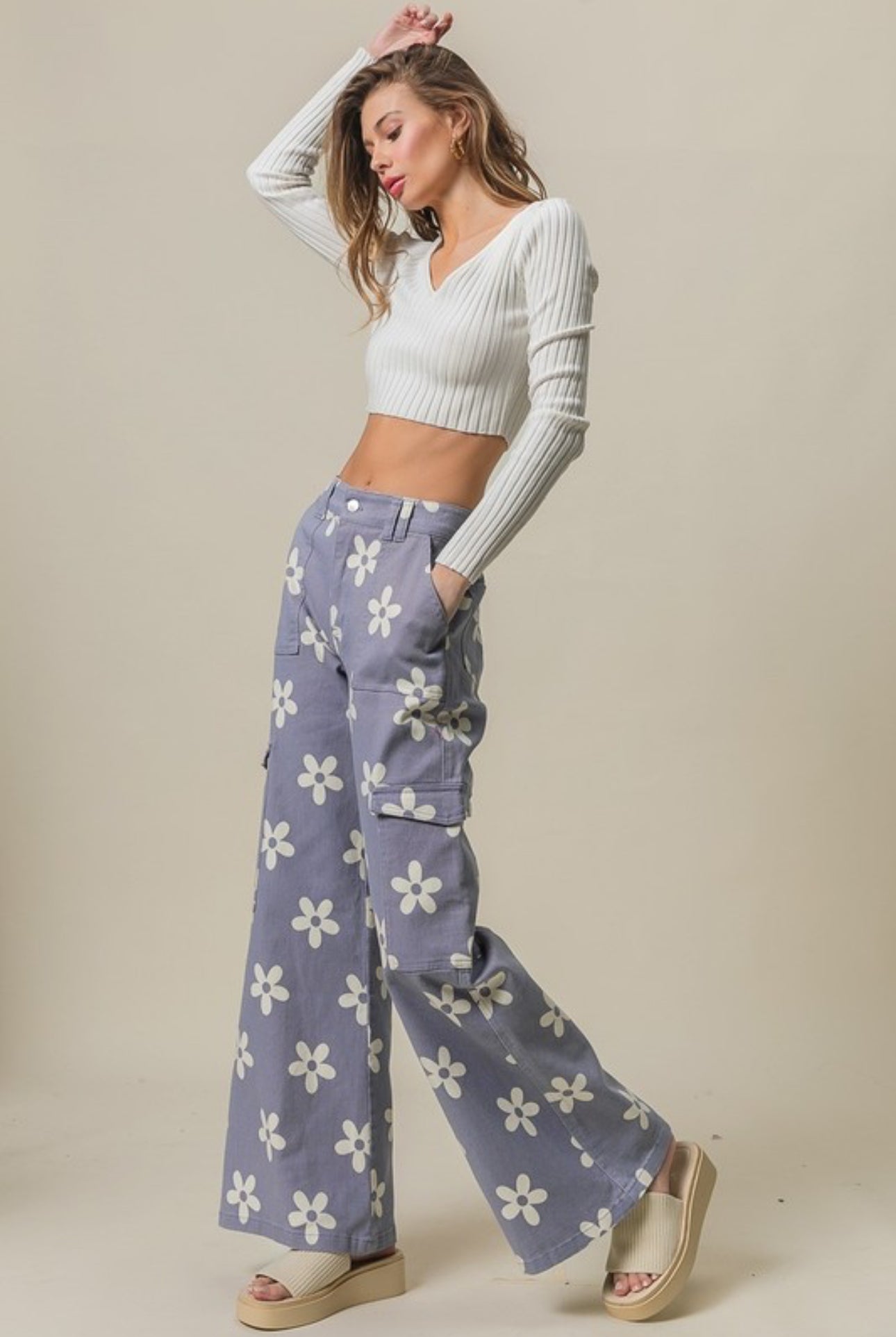 Flower Printed Side Pocket Wide Pants