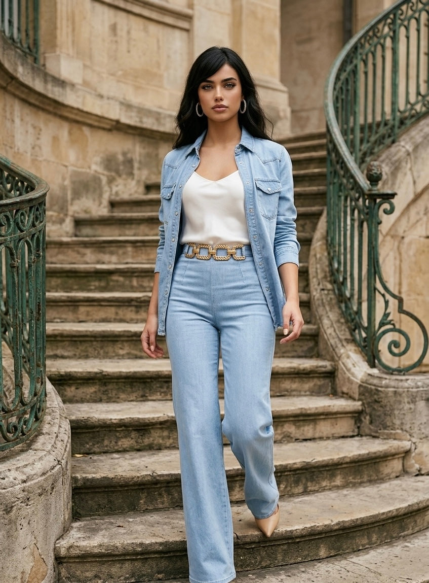 Washed Denim High Waist Pants