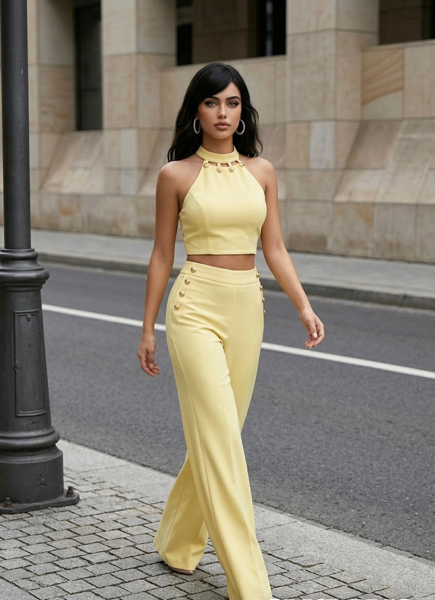 Button Detail Halter Top With Pants Set