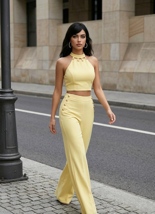 Button Detail Halter Top With Pants Set